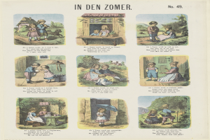 Ein Blatt mit Kindern in bunten Kleidern, die in einem üppigen grünen Garten spielen, mit Text in einer verspieltem Schrift.