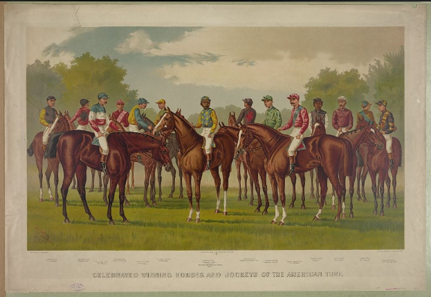Gruppe von Menschen, die auf einem grünen Feld mit Bäumen und einem blauen Himmel reiten, mit Text unten: "Feier der Siegerpferde und Jockeys des amerikanischen Rasens".