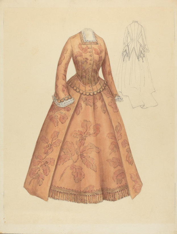 Ausführliches 18. Jahrhundert Kostümdesign einer bodenlangen Robe mit hohem Kragen, floral gemustertem Oberteil in Rosa, Lila und Blau und einem Spitzenbesatz an Rock.