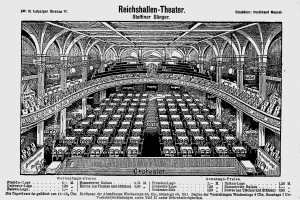 Eine Schwarz-Weiß-Zeichnung des Reichshallen-Theaters in Berlin, Deutschland, zeigt das Auditorium mit Sitzreihen, Säulen und einer Decke, mit Text am unteren Rand.