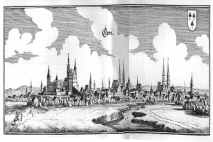 Eine Schwarz-Weiß-Zeichnung einer Stadt mit einer Burg im Hintergrund, umgeben von Bäumen, Wasser und Wolken am Himmel, mit dem Text "Köln, Deutschland" unten.