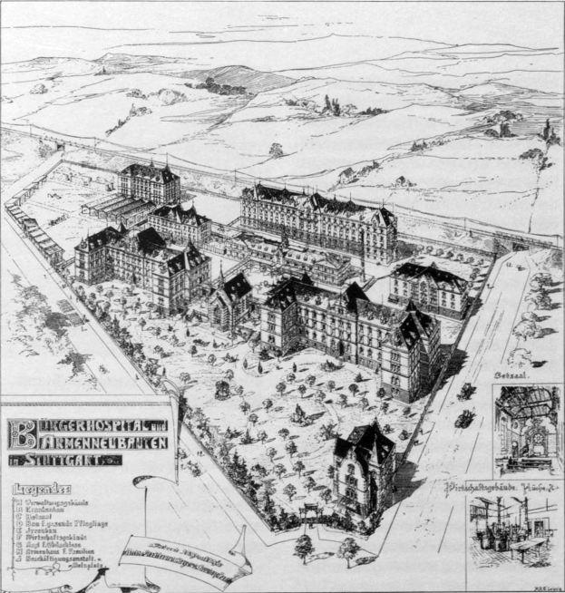 Schwarz-weißes Vintage-Karte einer Stadt mit dichtem Baumbestand, Bäumen und Text.