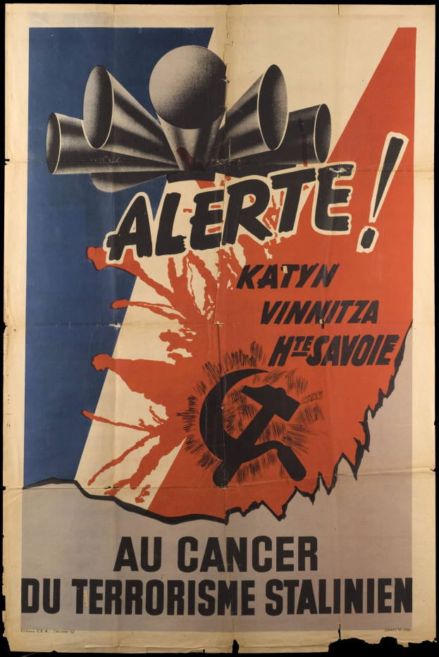 Plakat mit dunklem Hintergrund betitelt "Warnung vor dem Krebs des Terrorismus Stalinien" auf Französisch, mit Text und Bildern.