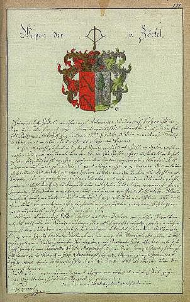 Sechzehntes Jahrhundert deutsches Dokument mit einem Wappen, das Text und ein Familienlogo enthält.