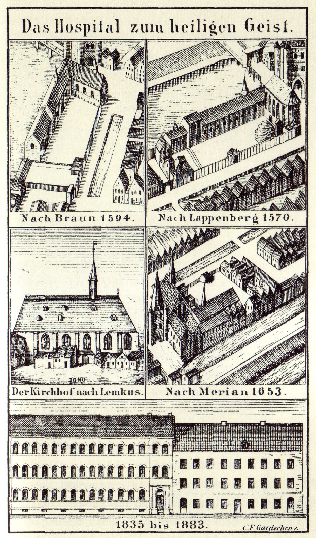Detailgetreue Abbildung eines deutschen Krankenhausgebäudes mit umgebenen Strukturen und informativem Text auf einem Plakat.