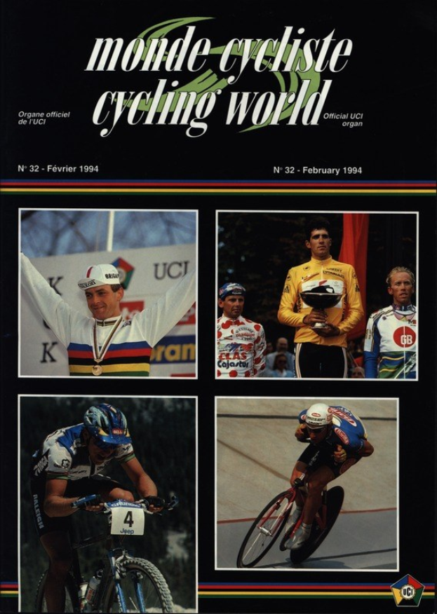 Plakat für die *Monde Cycliste Cycling World*-Zeitschrift aus dem Februar 1994, das vier Helme tragende Radfahrer auf Fahrrädern zeigt, mit dem Zeitschriften-Titel oben.