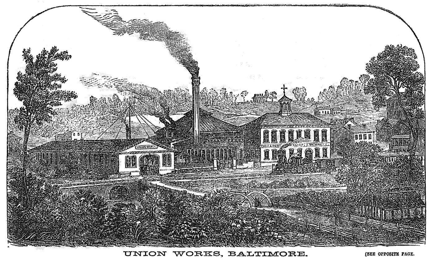Schwarz-weiß-Zeichnung der Union Works in Baltimore, Maryland, mit Gebäuden, Bäumen und Rauch im Hintergrund und Text unten.