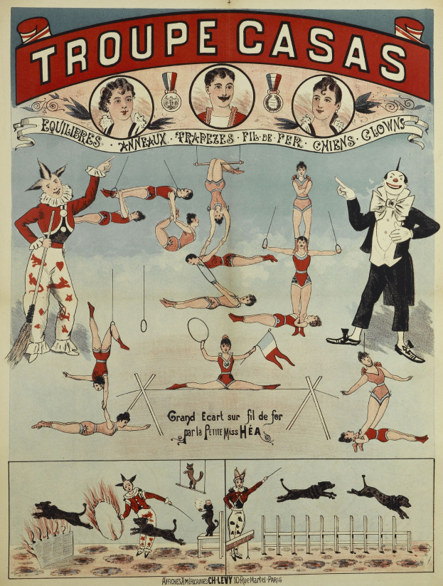 Zirkusposter mit dem Titel 'Troupe Casas', das Künstler in bunten Kostümen und Masken sowie Tierbilder zeigt.