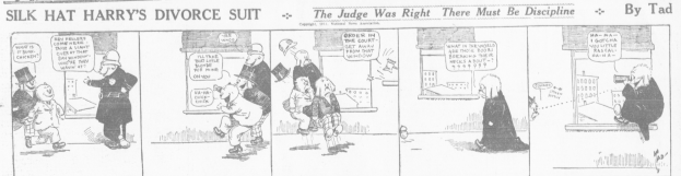 Cartoon-Illustration eines Mannes in einem schwarzen Anzug und einer Frau in einem eleganten Kleid mit einem schwarzen Schal, beide mit ernsten Gesichtern, beschriftet mit "Scheidungskostüm."