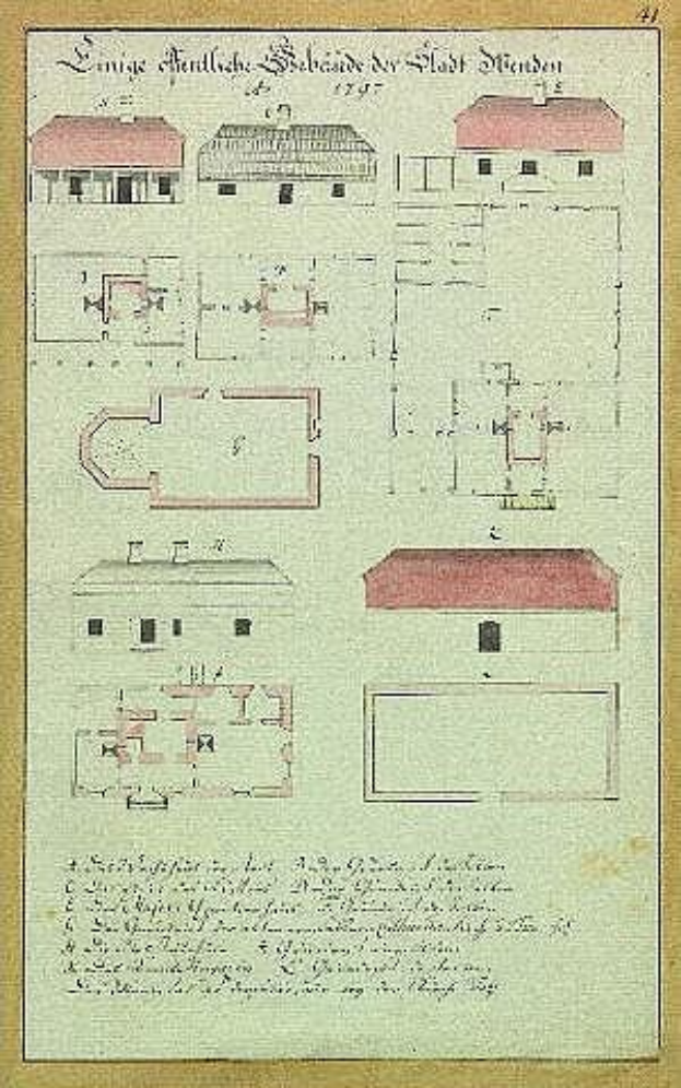Ein detaillierter architektonischer Grundriss eines Hauses mit rotem Dach, bezeichnet als Schloss Stiefen, ein deutscher Gefängnisbau aus dem Jahr 1797, der Wände, Fenster, Türen und begleitende strukturelle Beschreibungen zeigt.