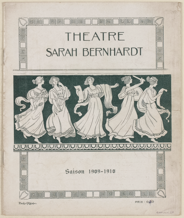 Ein Vintage-Plakat des Théâtre Sarah Bernhardt aus dem Jahr 1909-1910, das eine Gruppe von Frauen in der Mitte mit beschreibendem Text zeigt.