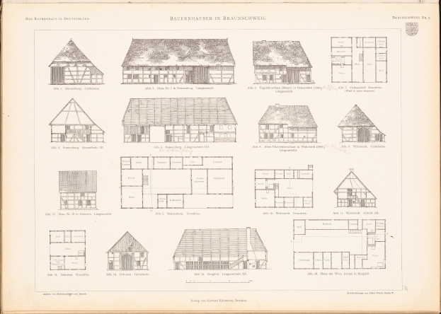 Ein offenes altes Buch, das Architekturhauspläne und -entwürfe zeigt.