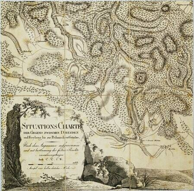 Alte Karte von London, England, mit Text zur Beschreibung von Standorten und einem Hintergrunddiagramm der Route zwischen Dresden und Freiburg, gedruckt auf Papier.