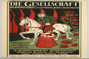 Ein deutsches Propagandaplakat mit einem Mann und einer Frau auf einem Pferd umgeben von Rosen, mit Text, der Informationen über ein Ereignis enthält.