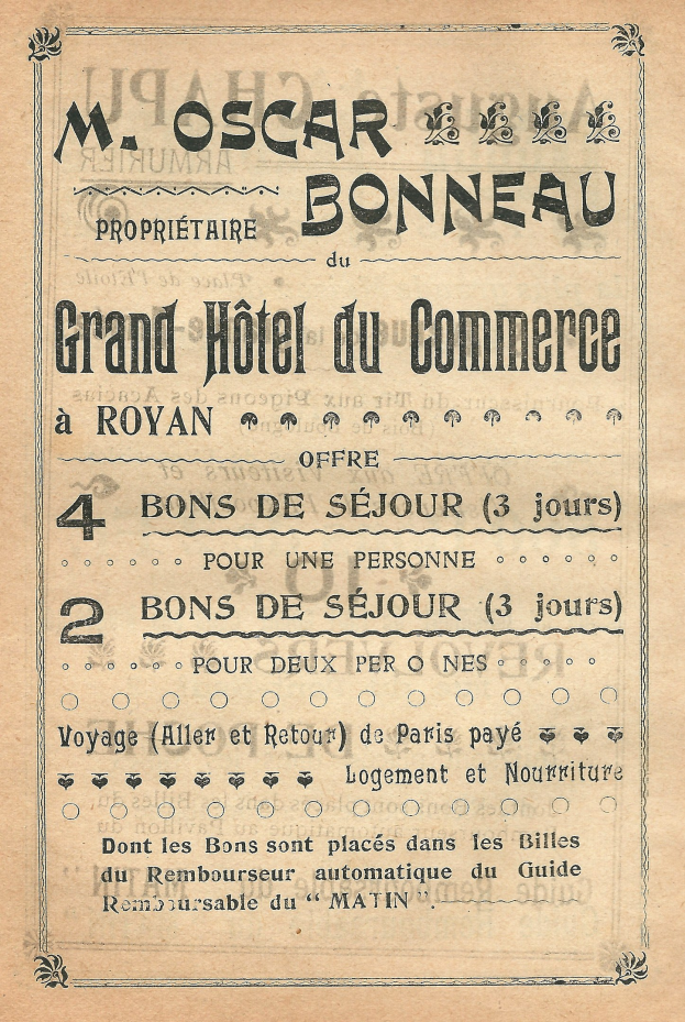 Schwarz-weiß-Anzeige für das Grand Hotel du Commerce in Paris, die den Text der Hoteldienstleistungen präsentiert.
