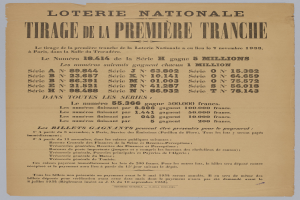 Ein Blatt Papier mit der Aufschrift "Loterie Nationale Tirage de la Première Tranche", das auf einen Lotterieschein hinweist.