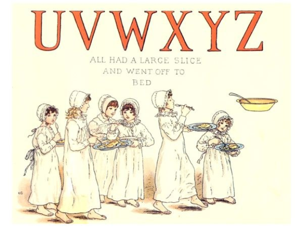 Eine Gruppe von Menschen hält Teller mit Essen in den Händen, rechts daneben ein Schüsselchen und ein Löffel, und oben steht der Text "Uwxyz - Alle hatten ein großes Stück und gingen schlafen."