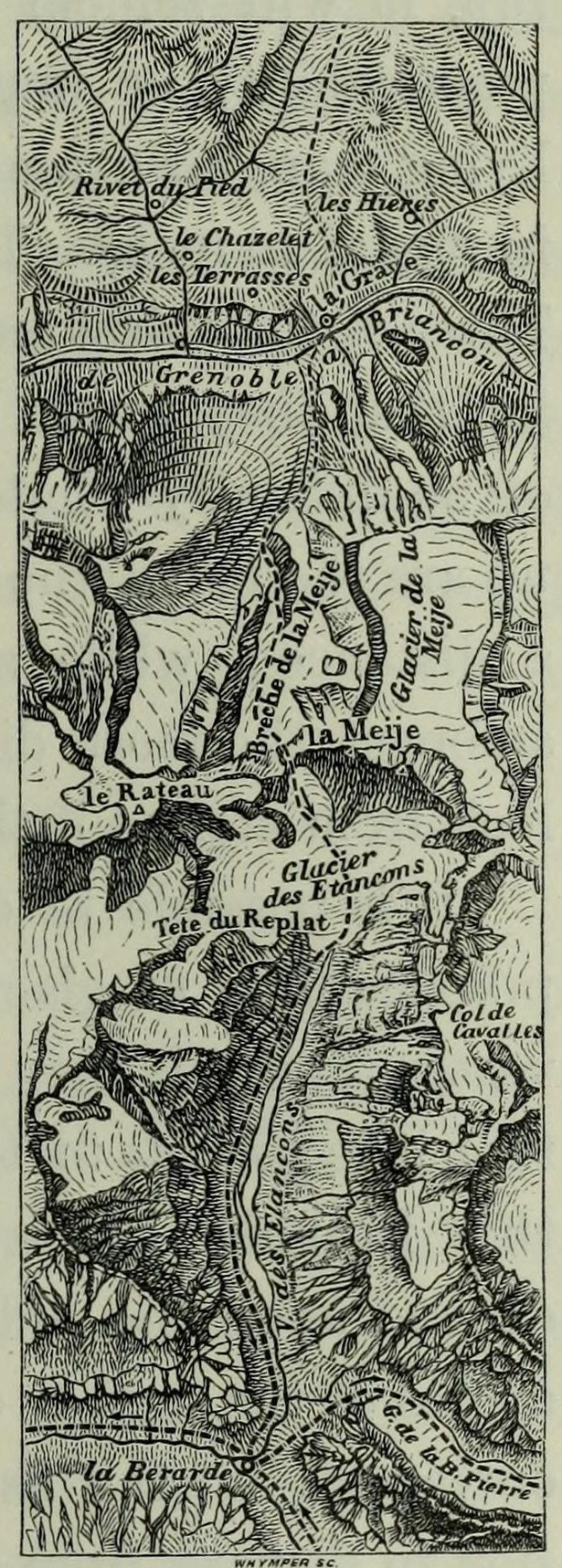 Schwarze und weiße topografische Karte des Rheins mit beschrifteten Höhenangaben, Geländekonturen und geographischen Namen.