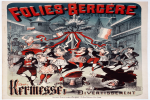 Ein Plakat für das Folies-Bergère-Festival in Paris, das eine Gruppe tanzender Menschen im Vordergrund zeigt, mit Gebäuden, Fahnen und einem Baum im Hintergrund und französischem Text oben und unten.