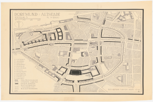 Ein detailliertes altes Stadtplan von Dortmund, Deutschland, auf einem weißen Hintergrund, der Stra├čen, Geb├Ąude, Landmarken und Text mit Informationen ├╝ber die Stadt zeigt.