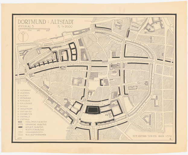 Ein detailliertes altes Stadtplan von Dortmund, Deutschland, auf einem weißen Hintergrund, der Stra├čen, Geb├Ąude, Landmarken und Text mit Informationen ├╝ber die Stadt zeigt.