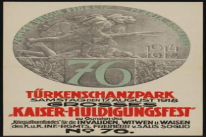 Plakat zum 70. Jubiläum des Kaiser-Huldigungsfestes in Berlin, Deutschland, mit einer Gruppe von Menschen umgeben von Text und Zahlen in einem Rahmen.