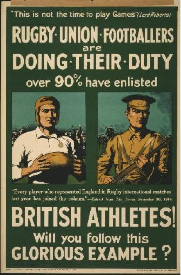 Plakat mit zwei Rugbyspielern in Uniform, Text betont hohe Einberufungsquote britischer Athleten und ihre Pflichten.