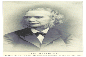 Schwarzes und weißes Porträt von Carl Reinecke, dem Direktor des Königlichen Musik-Konservatoriums Leipzig, der einen Anzug trägt, mit Text am unteren Rand des Bildes.