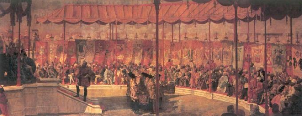 Gemälde einer vollen Theaterkulisse mit Opernpublikum in Abendgarderobe, einige stehen, einige sitzen, mit sichtbaren Bühnenstangen, Vorhängen und Boden.