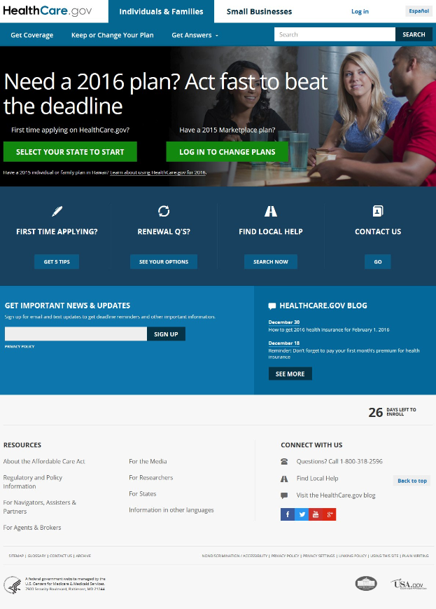 Health Care Gov-Webseite mit einer Gruppe von Menschen an einem Tisch mit Gläsern und Gegenständen, mit dem Webseitentitel und Informationen