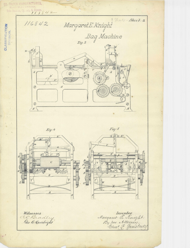 Eine detaillierte Strichzeichnung einer Beutelmaschine auf Papier, die Komponenten wie einen Griff und Räder zeigt, begleitet von beschreibendem Text.