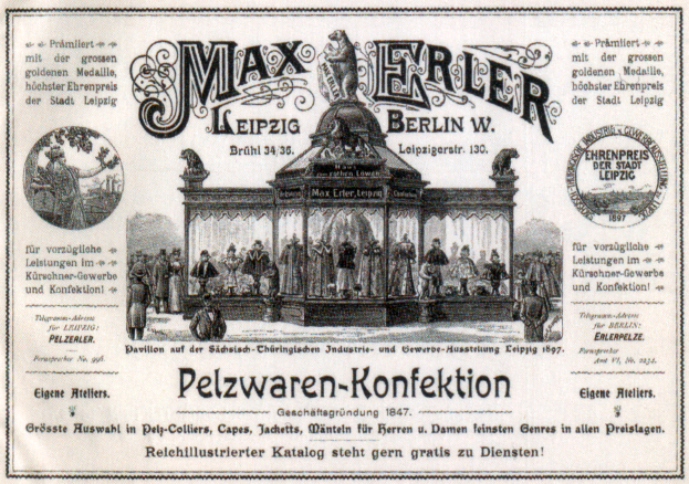 Eine Vintage-Reklame für Max Erler Leipzig in Berlin, Deutschland, die eine Gruppe von Menschen vor einem Gebäude zeigt, mit Text, der wahrscheinlich ein Ereignis ankündigt.