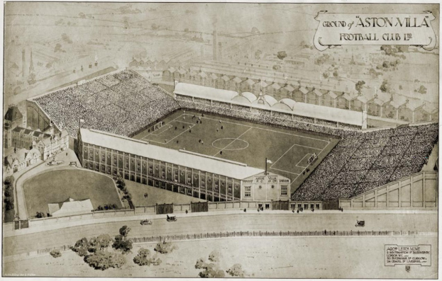 Schwarze und weiße Illustration des historischen Stadions von Aston Villa Football Club mit Gebäuden, Bäumen und Text um das saftig grüne Spielfeld, auf dem Spieler in den Rängen auf das Spiel vorbereiten.