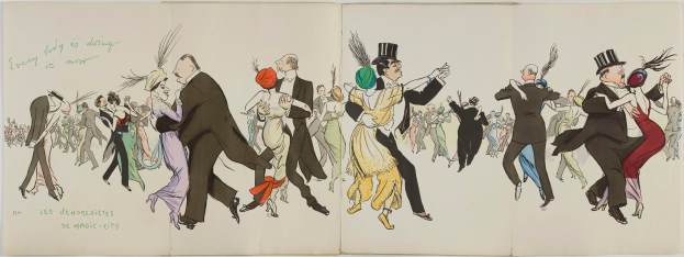 Ein aufgeschlagenes Buch mit einer Zeichnung von tanzenden Menschen in bunten Kostümen unter einem hellblauen Himmel mit weißen Wolken, mit dem Text "Les Vendredières de Magic City" auf der linken Seite.