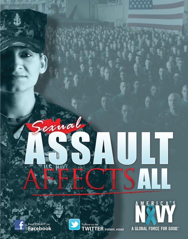 Plakat mit einer Frau in militärischer Uniform vor einer Menge, mit einer Flagge im Hintergrund und dem Text "Sexueller Missbrauch Betrifft Alle."