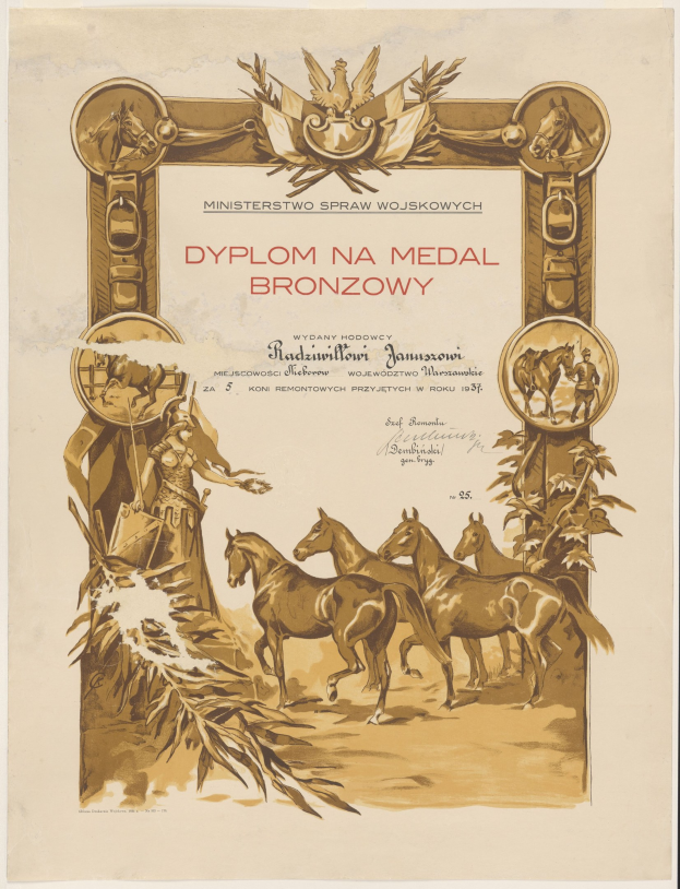 Plakat mit galoppierenden Pferden in einem Feld bei Sonnenuntergang mit dem Text "Dyplom na Medal Bronzowy", der eine Medaillenverleihung bewirbt.