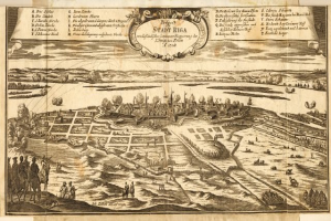 Ein detaillierter alter Stadtplan von Stuttgart, Deutschland, der die Stadtanlage mit Straßen, Gebäuden, Menschen, Bäumen, Wasser und informativen Texten zu seiner Geschichte, Kultur und Attraktionen zeigt.