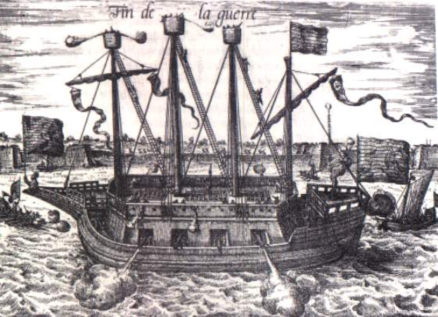 Eine Gravur eines Piratenschiffs, das auf blauem Meer segelt, mit ein paar Menschen an Bord und Text oben auf dem Bild.