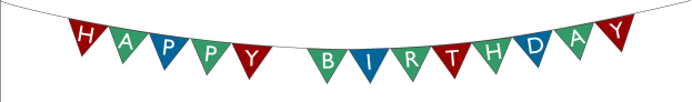 Geburtstagsbanner mit roten, grünen und blauen Fähnchen, die 'Happy Birthday' in weißer Schrift auf weißem Hintergrund zeigen.