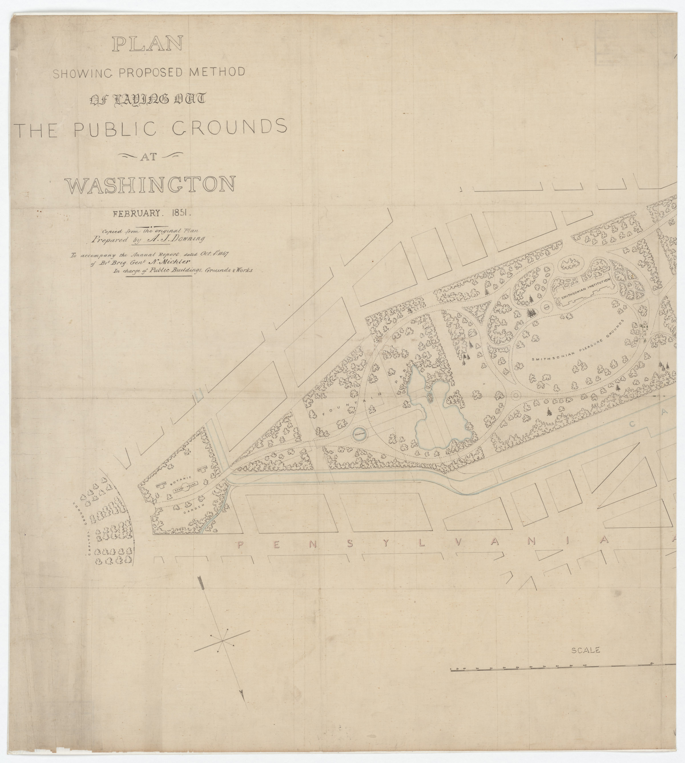 Ein detaillierter Plan der öffentlichen Grünflächen in Washington, der verschiedene Bereiche und Pfade zeigt, mit darauf geschriebenem Text.