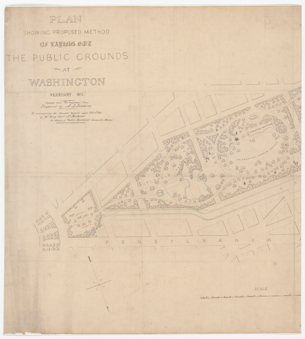 Ein detaillierter Plan der öffentlichen Grünflächen in Washington, der verschiedene Bereiche und Pfade zeigt, mit darauf geschriebenem Text.