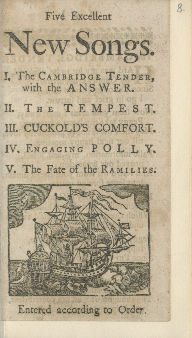 Altes Buchcover mit einer Schiffsdarstellung und dem Titel "Fünf ausgezeichnete neue Lieder" mit einem blauen Himmel und Wolkenhintergrund.