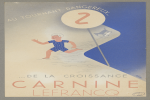 Eine Person in einem leuchtend gelben Kleid lächelt breit in der Mitte eines Karnevalplakats in Frankreich, umgeben von fettem schwarzem Text, der "Karneval" lautet.