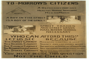 Ein Plakat mit Text und Bildern von Menschen, darunter ein Junge auf einem Fahrrad, mit dem Text "To-Morrow's Citizens: A Boy in the Street is a Boy of the Street".