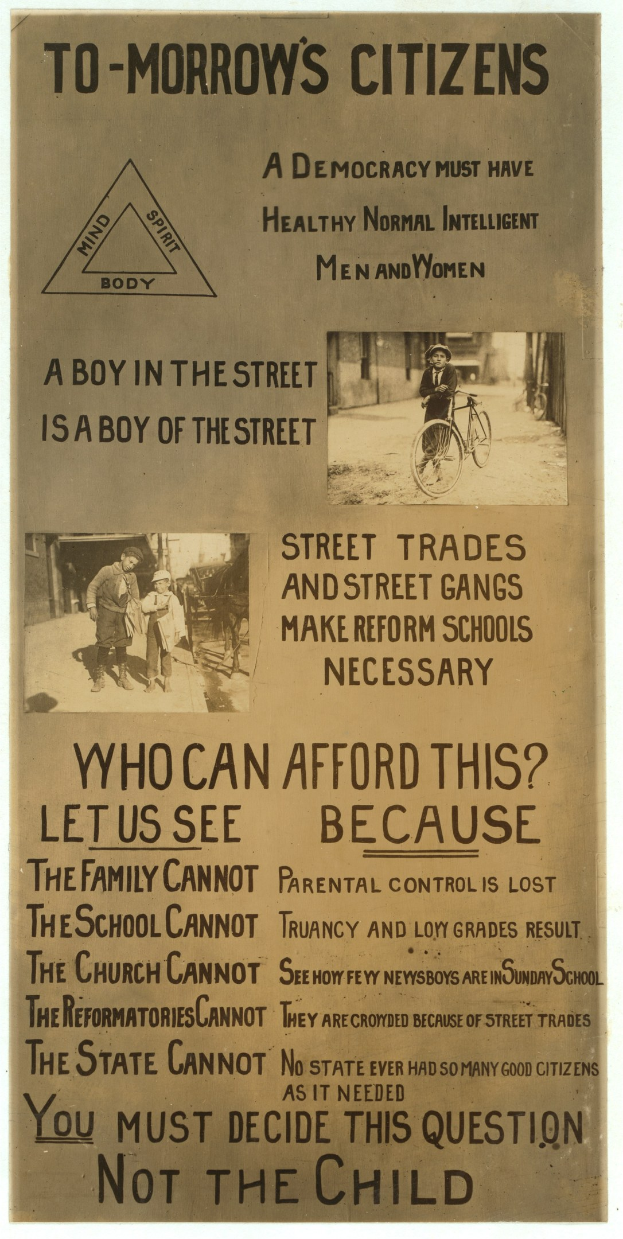 Ein Plakat mit Text und Bildern von Menschen, darunter ein Junge auf einem Fahrrad, mit dem Text "To-Morrow's Citizens: A Boy in the Street is a Boy of the Street".