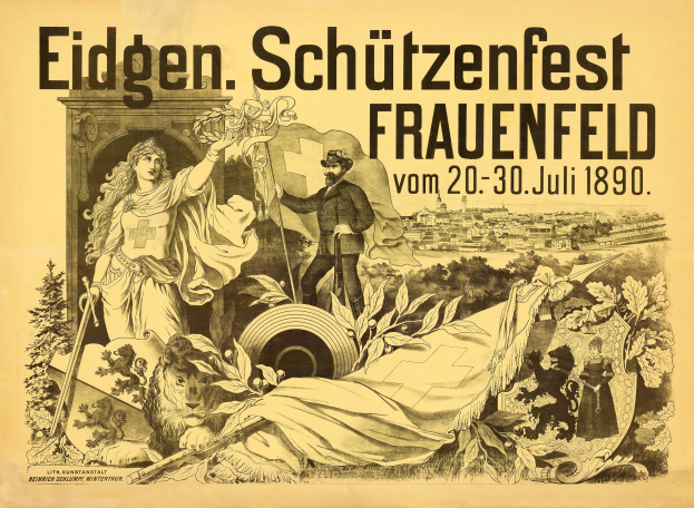 Alter Plakatentwurf für das Eidgenössische Schützenfest in Frauenfeld, Deutschland, mit einem Mann im Anzug und einer Frau im Kleid nebeneinander stehend und Textdetails.