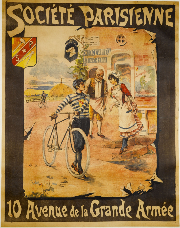 Plakat für ein Fahrradrennen in Paris mit einer Gruppe von Menschen, einer Person mit einem Fahrrad, einem Gebäude im Hintergrund und Text zur Beschreibung des Ereignisses.