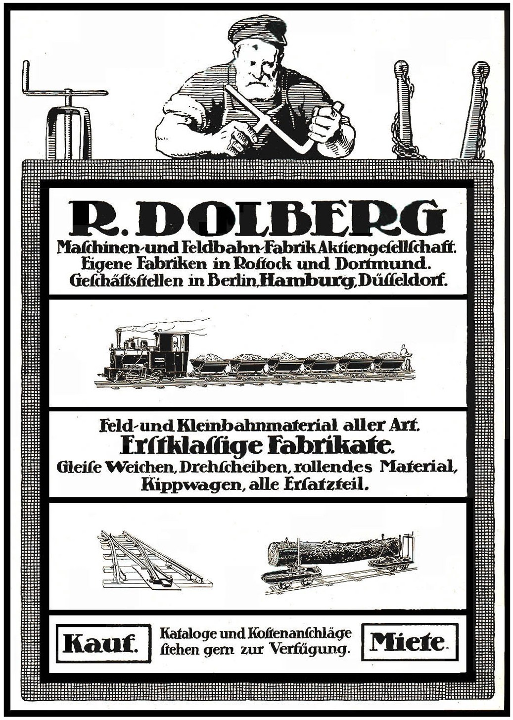 Werbung für die Fabrik von R.D. Dolberg in Hamburg, Deutschland, mit Text und Abbildungen einer Person, eines Zugs und weiterer Gegenstände.