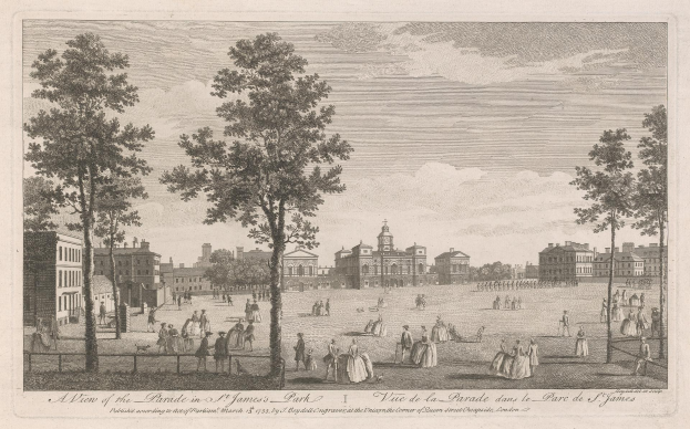 Ein Blick auf einen Umzug in St. James Park mit Menschen im Vordergrund, Bäumen und Gebäuden im Hintergrund und Wolken am Himmel.