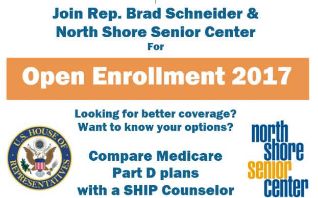Ein Plakat mit dem Text "Treten Sie Rep. Brad Schneider & North Shore Senior Center bei für die Open Enrollment 2017" und einem Logo.